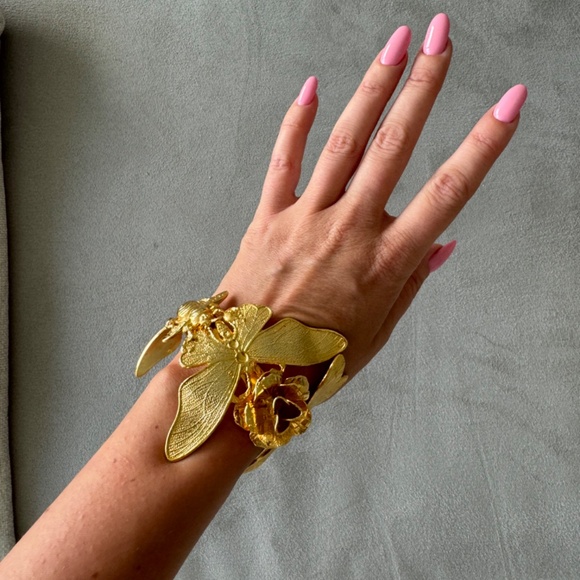 Gold Large Botanical Floral Bracelet Cuff - Picture 7 of 9